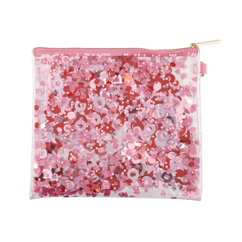 Packed Party Valentine XO Confetti Everything Pouch - Pink Red XOXO Confetti-Trapped Clear Vinyl Clutch Organizer, 8.75x7.75 Inch