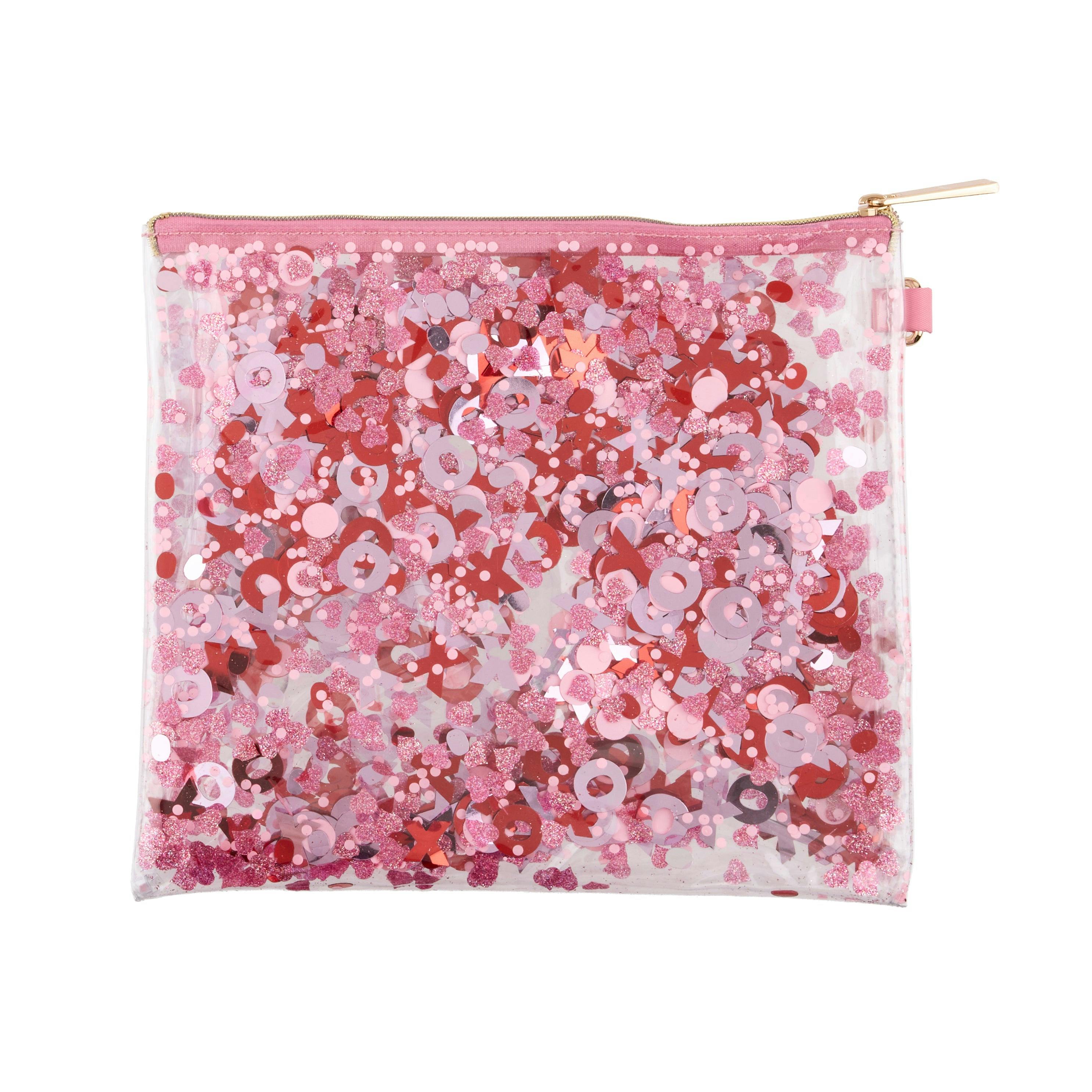 Packed Party Valentine XO Confetti Everything Pouch - Pink Red XOXO Confetti-Trapped Clear Vinyl Clutch Organizer, 8.75x7.75 Inch