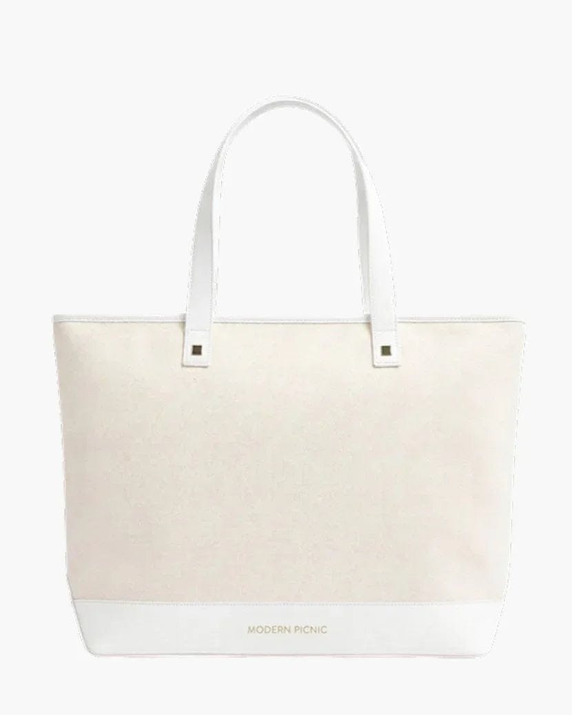 Vegan Leather Work Tote Bag with Removable Insulated Pouch, White Canvas