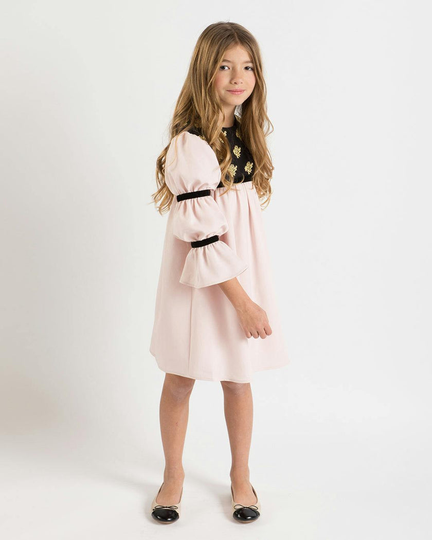 Bella dress (pink with golden embroidery blooms)