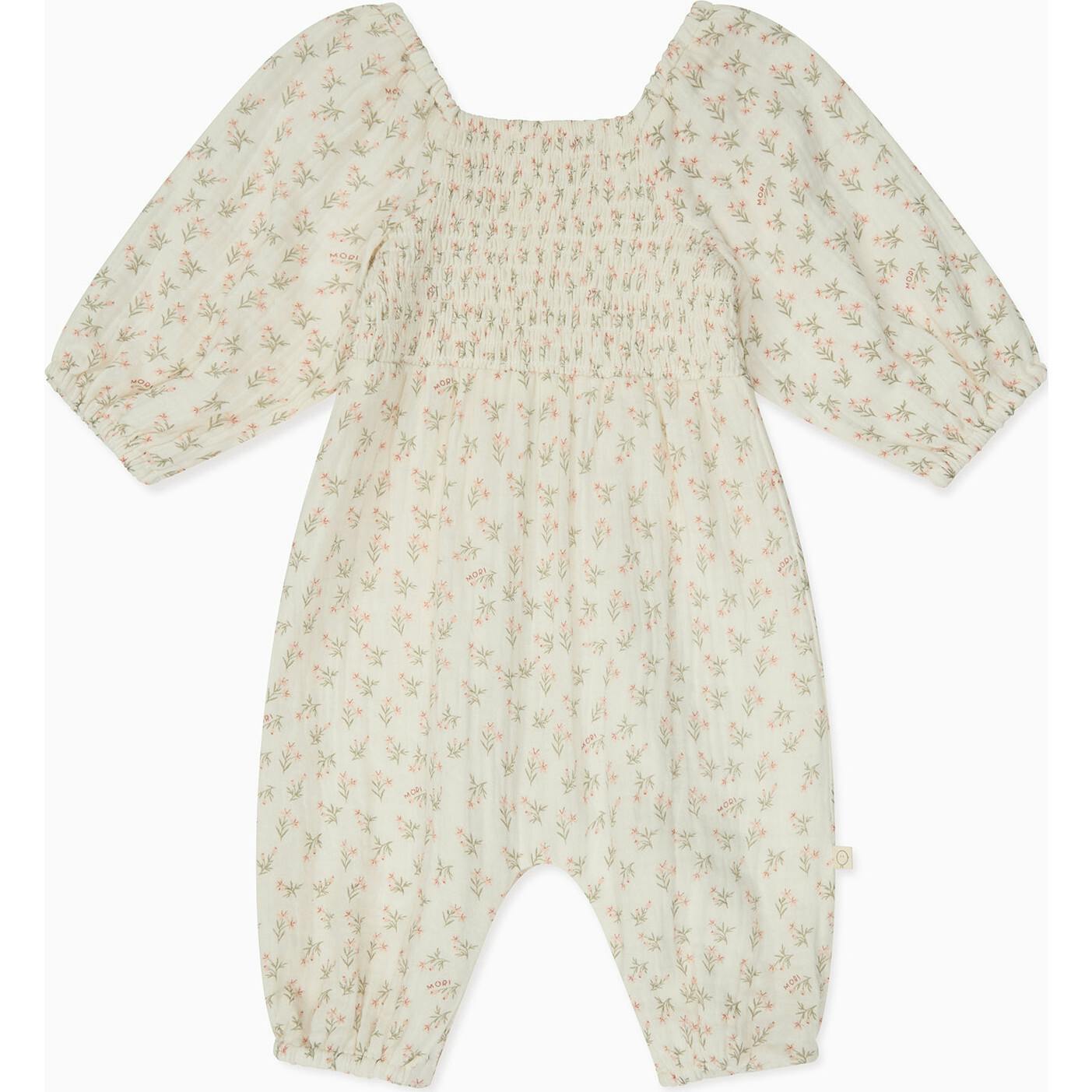 Floral Muslin Smocked Jumpsuit, Cream
