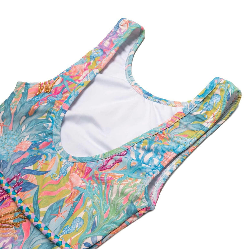Hand Beaded One Piece Swimsuit with Belt