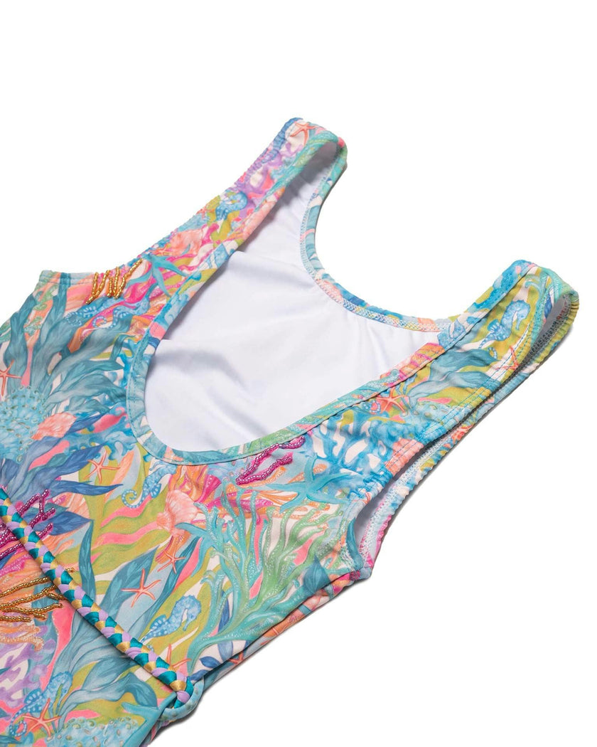 Hand Beaded One Piece Swimsuit with Belt