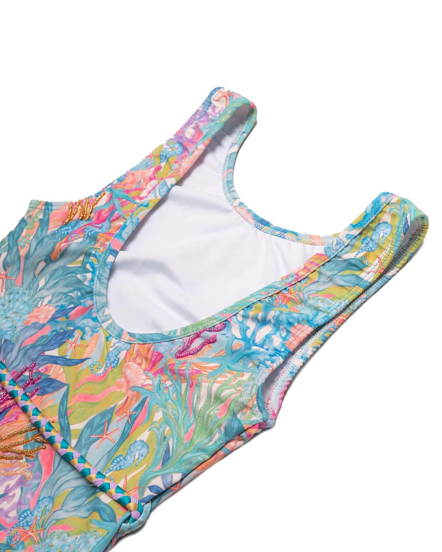 Hand Beaded One Piece Swimsuit with Belt