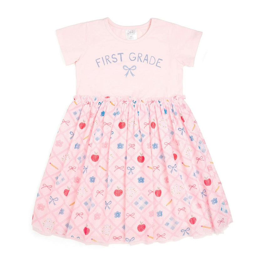 Back To School Trellis First Grade Short Sleeve Tutu Dress