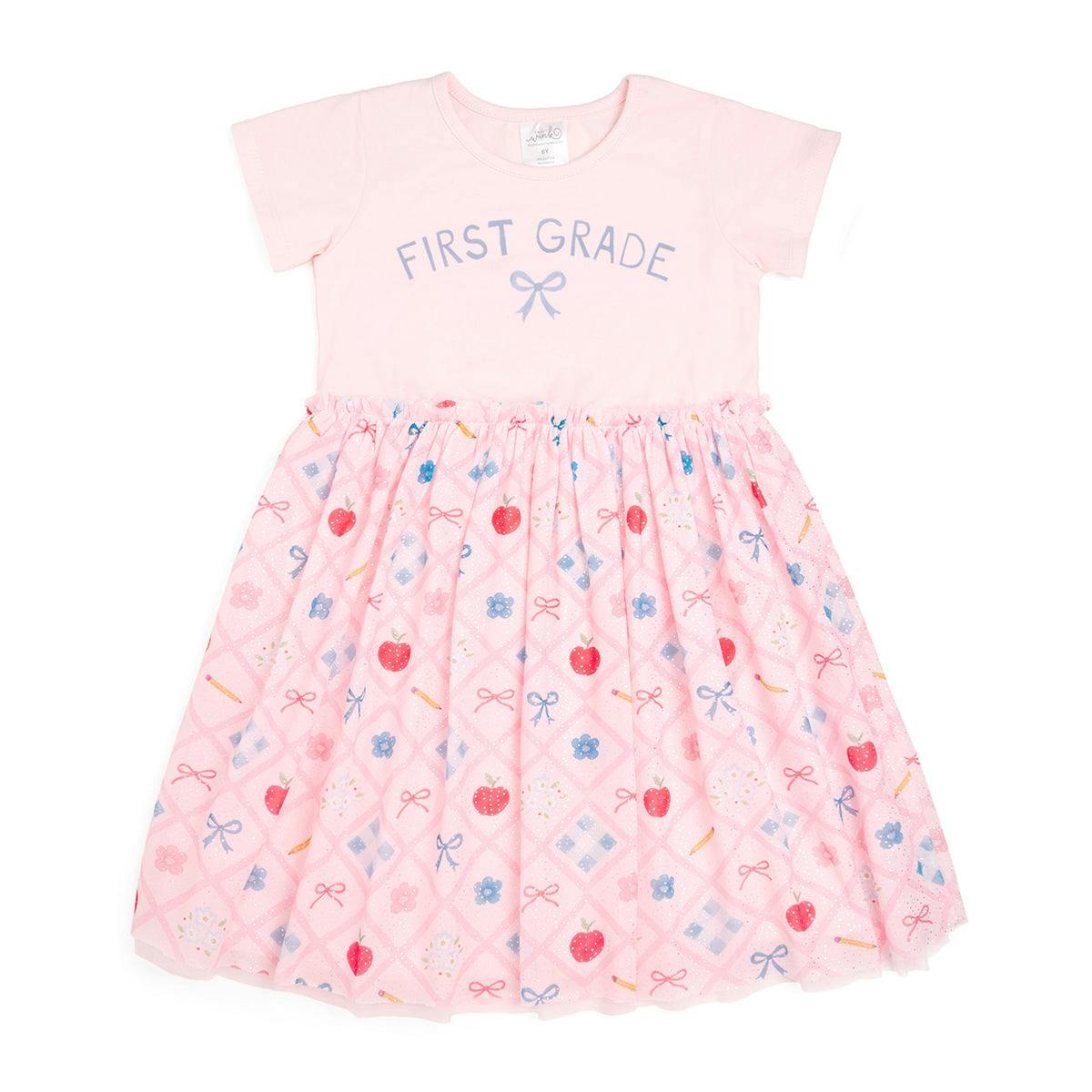 Back To School Trellis First Grade Short Sleeve Tutu Dress