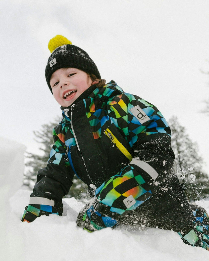 Two Piece Play Snowsuit Black Colorblock With Green Yellow And Blue Checkerboard Pants