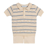 Boys Pointelle Striped Knit Set Ecru