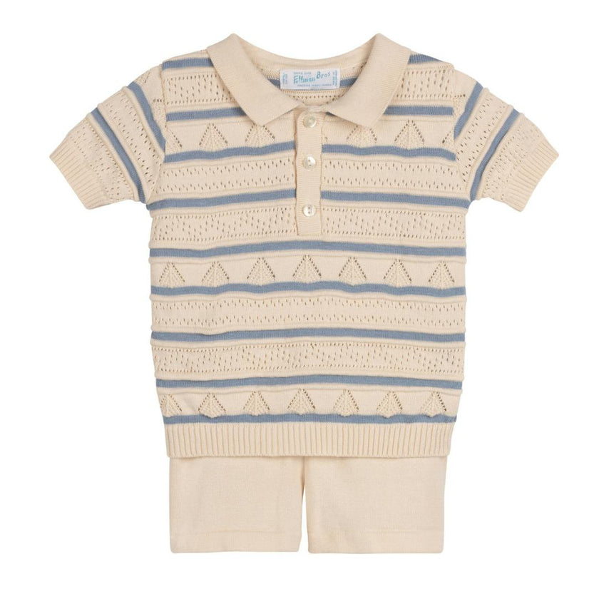 Boys Pointelle Striped Knit Set Ecru