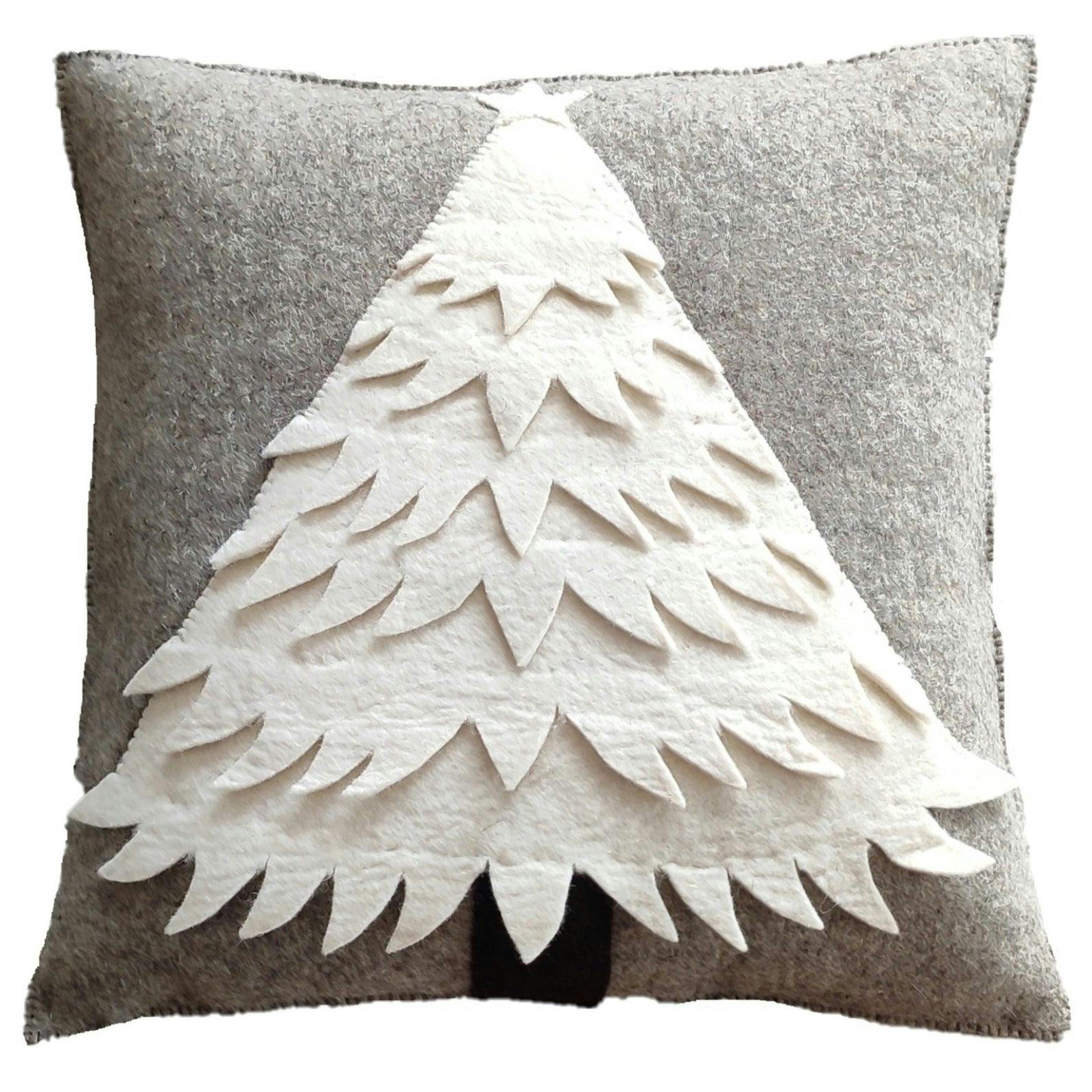 Hand Felted Wool Christmas Pillow Cover - Cream Tree Gray - 20