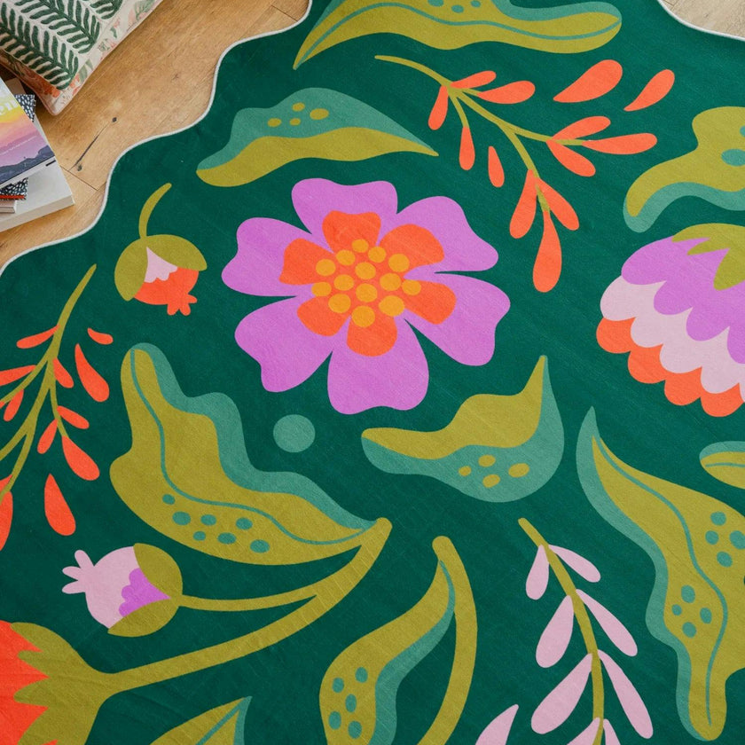 Green Base Pink Floral Wavy Rug by Jessica Miller