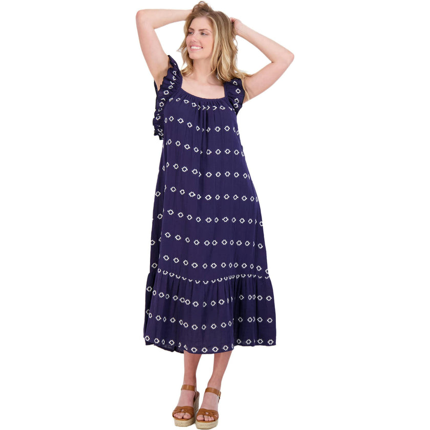 Women's Eva Ruffle Embroidered Sundress, Navy