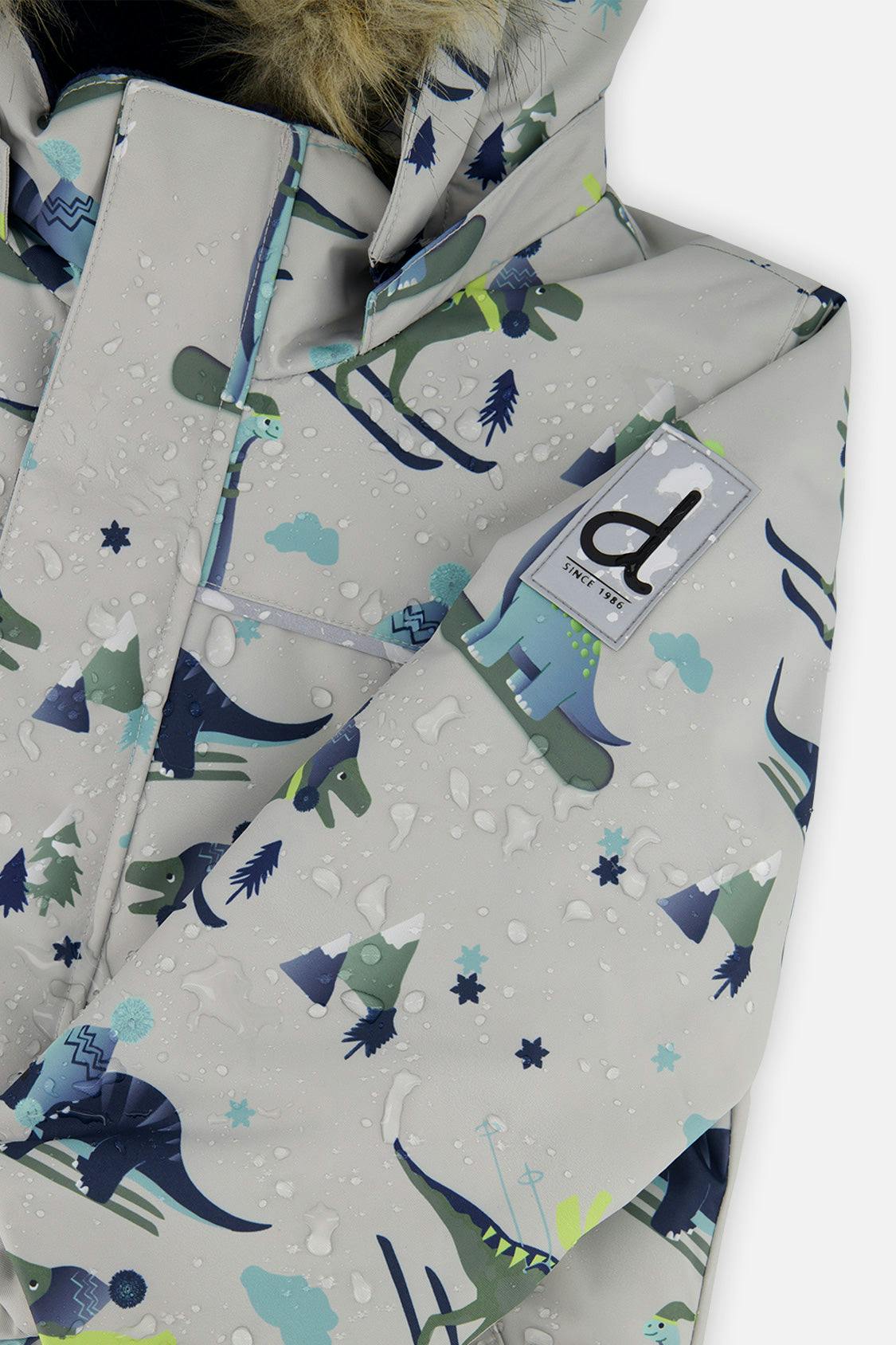 Two Piece Discover Snowsuit Grey Skiing Dinosaur Print