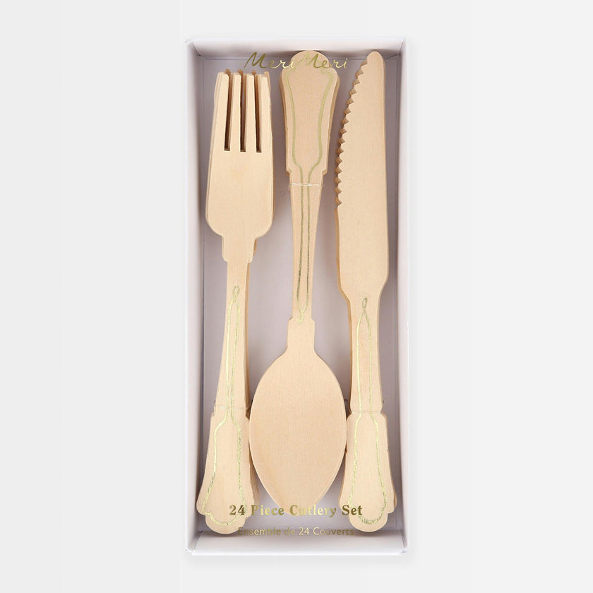 Elegant Gold Foil Detail Wooden Cutlery Set
