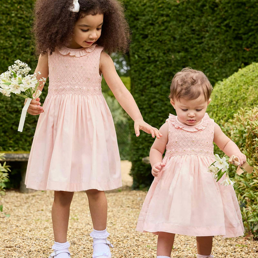 Sleeveless Willow Rose Hand Smocked Dress in Peach