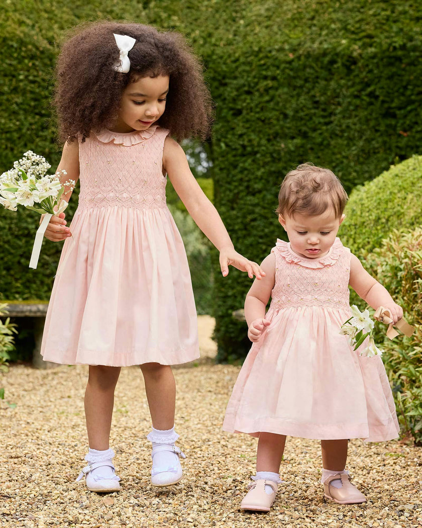 Sleeveless Willow Rose Hand Smocked Dress in Peach