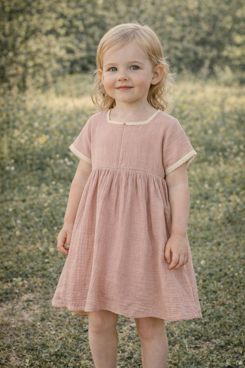 Maniere | Gauze Crochet Short Sleeve Dress | Mauve | 8y | Kids | Kids Clothing