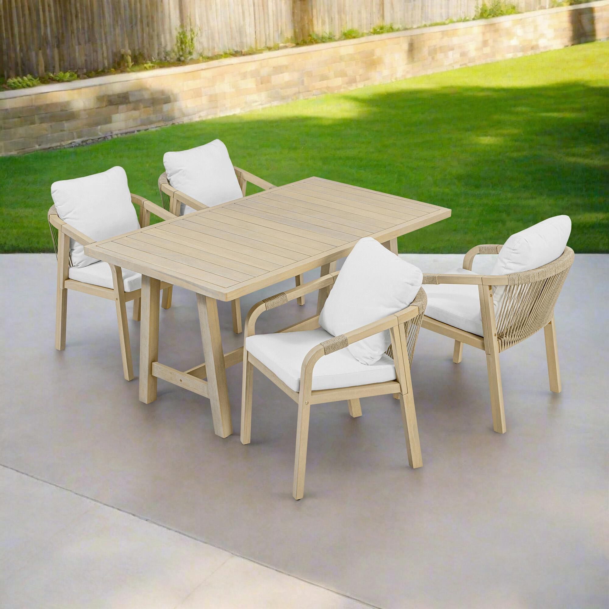 Teamson Home Spacious Table & Seats with Thick Cushions Outdoor Dining Set- Eucalyptus Wood