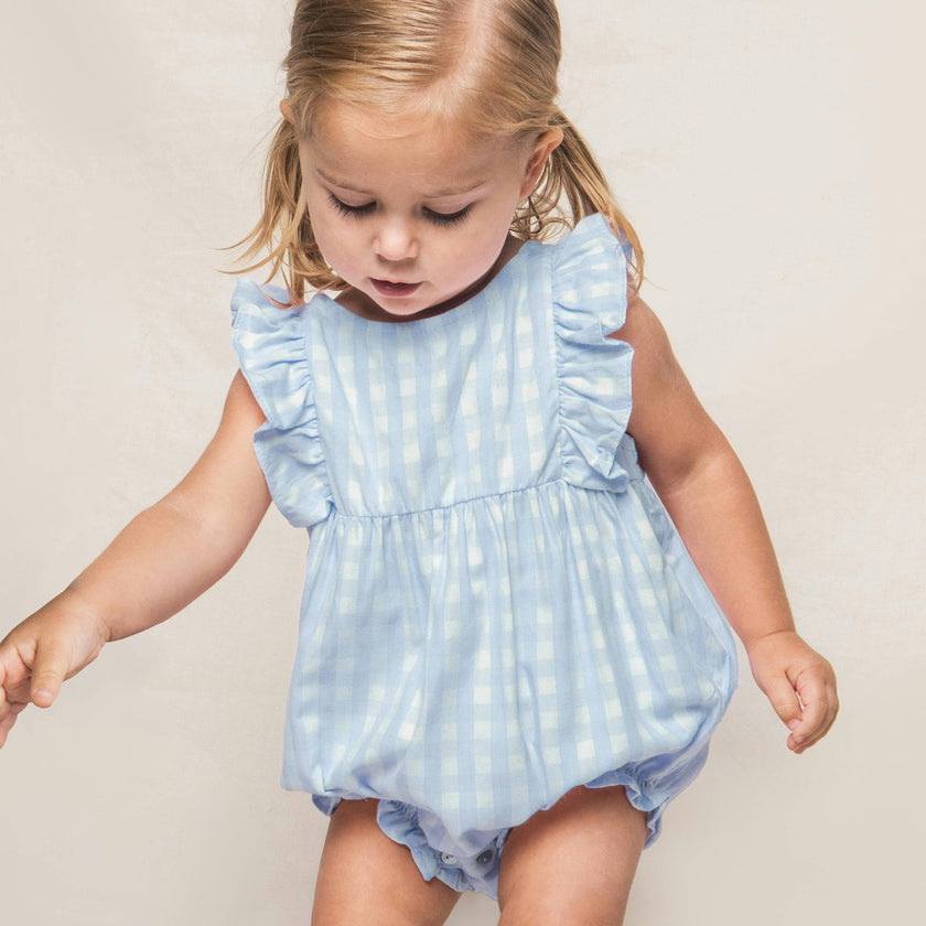 Baby's Twill Ruffled Romper in Light Blue Gingham