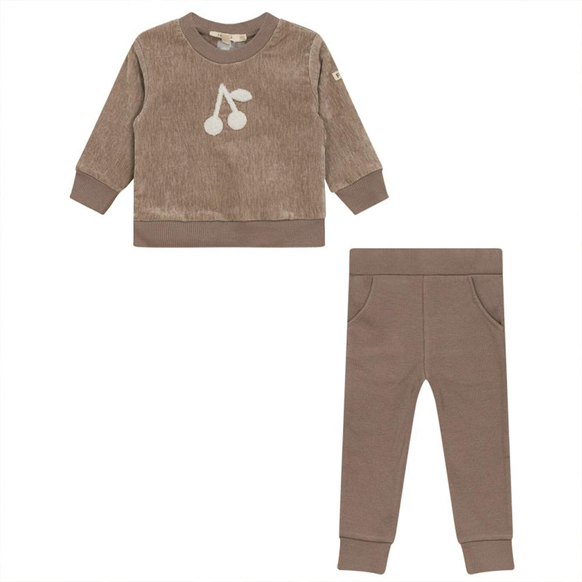 Velour Cherry Hook-stitch Ribbed Elastic Waist Top and Pants Two Piece Set