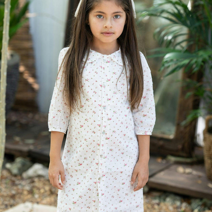 Clipdot Floral Peter Pan Collar 3/4 Sleeve Dress