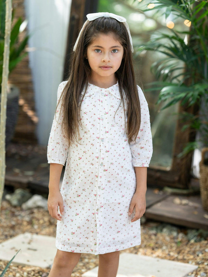 Clipdot Floral Peter Pan Collar 3/4 Sleeve Dress