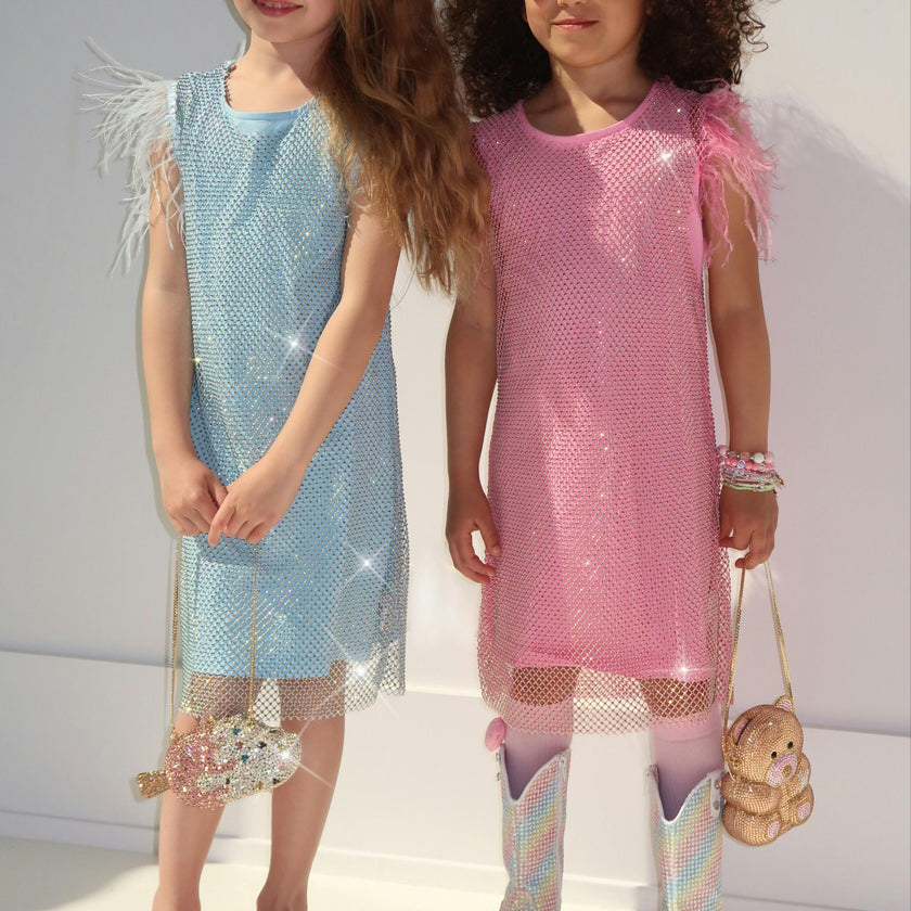 Crystal Feather Trim Sleeve Shimmer Sequin Dress