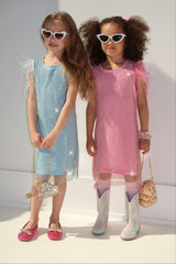 Crystal Feather Trim Sleeve Shimmer Sequin Dress