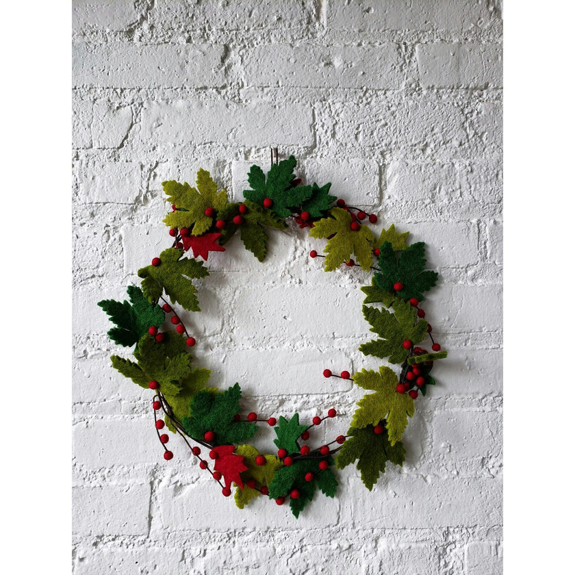 Maple Leaf Wreath Berries Hand Felted Wool - 12"