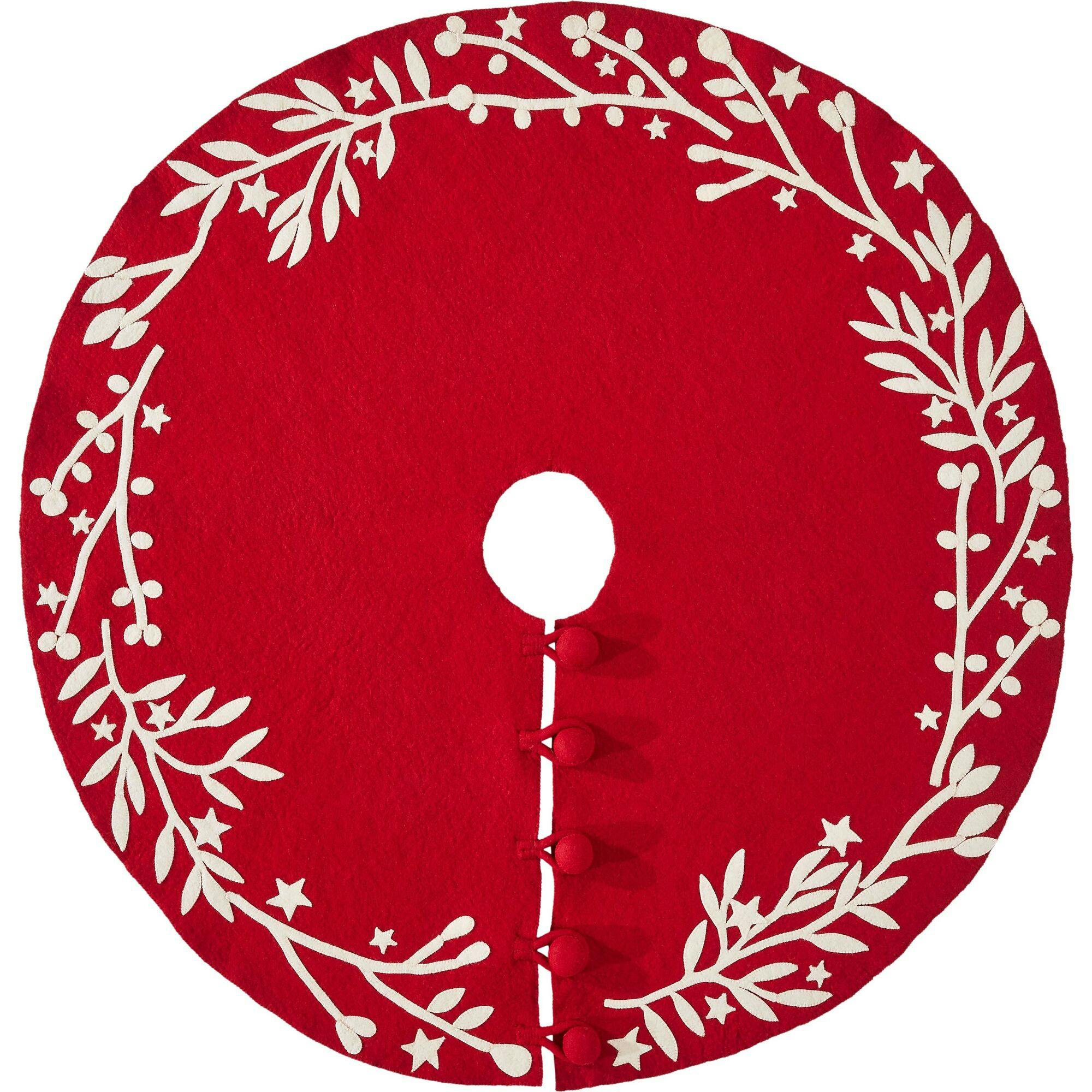 Handmade Christmas Tree Skirt in Felt - Branches and Stars on Red