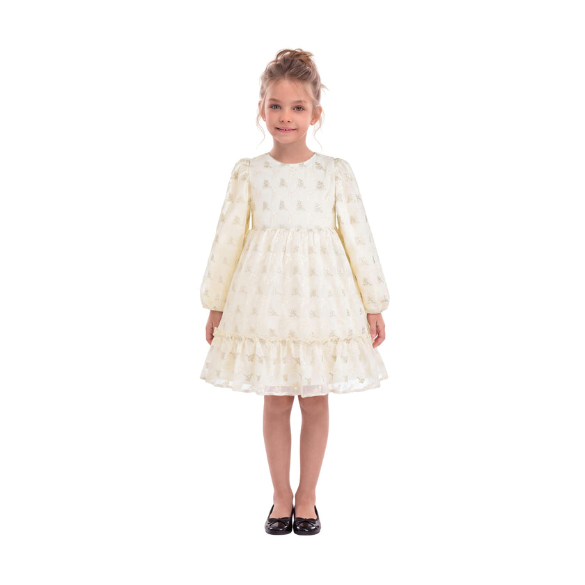 Cream Gold Motif Ruffle Dress