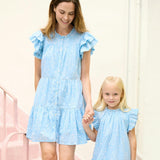 Womens Kalani Ruffle Dress - Blue Dewdrop Block Print