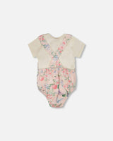Organic Cotton Jersey Onesie And Muslin Overall Set White And Pink Printed Berries