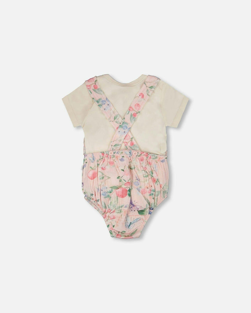Organic Cotton Jersey Onesie And Muslin Overall Set White And Pink Printed Berries