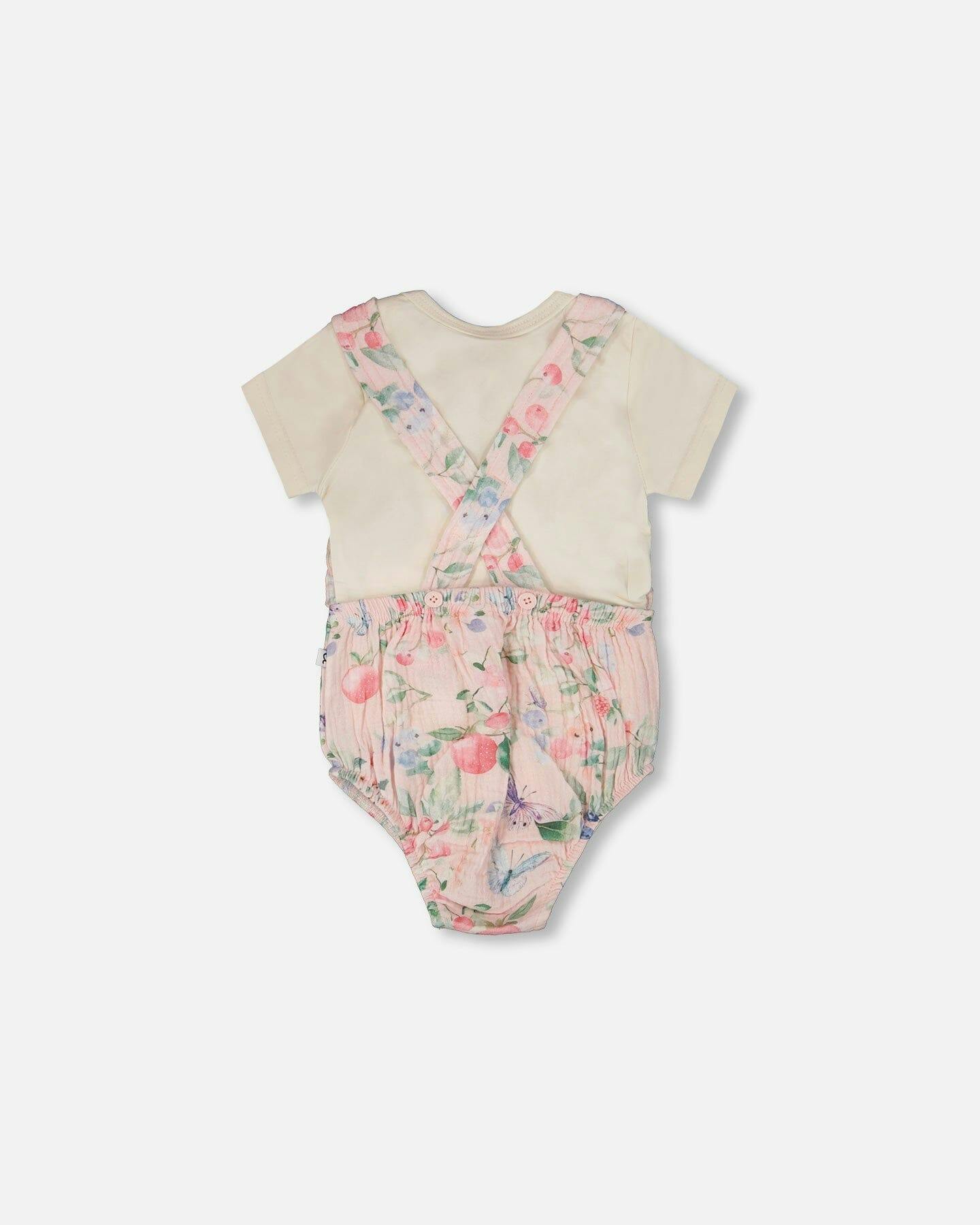 Organic Cotton Jersey Onesie And Muslin Overall Set White And Pink Printed Berries