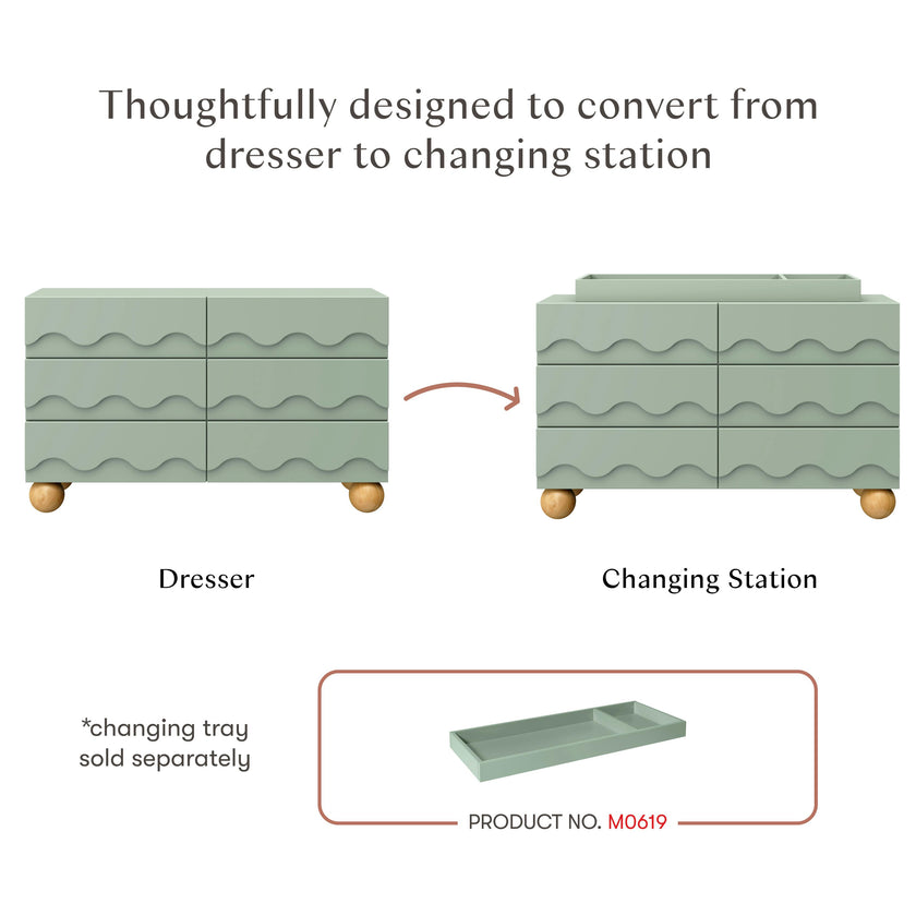 Lido Wave 6-Drawer Wide Assembled Dresser (56") in Light Sage/Honey