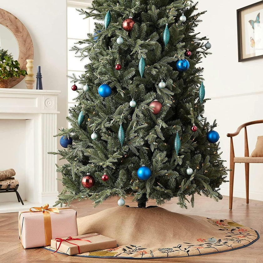 Handmade Christmas Tree Skirt in Jute - Embroidered Forest Scene - 60"