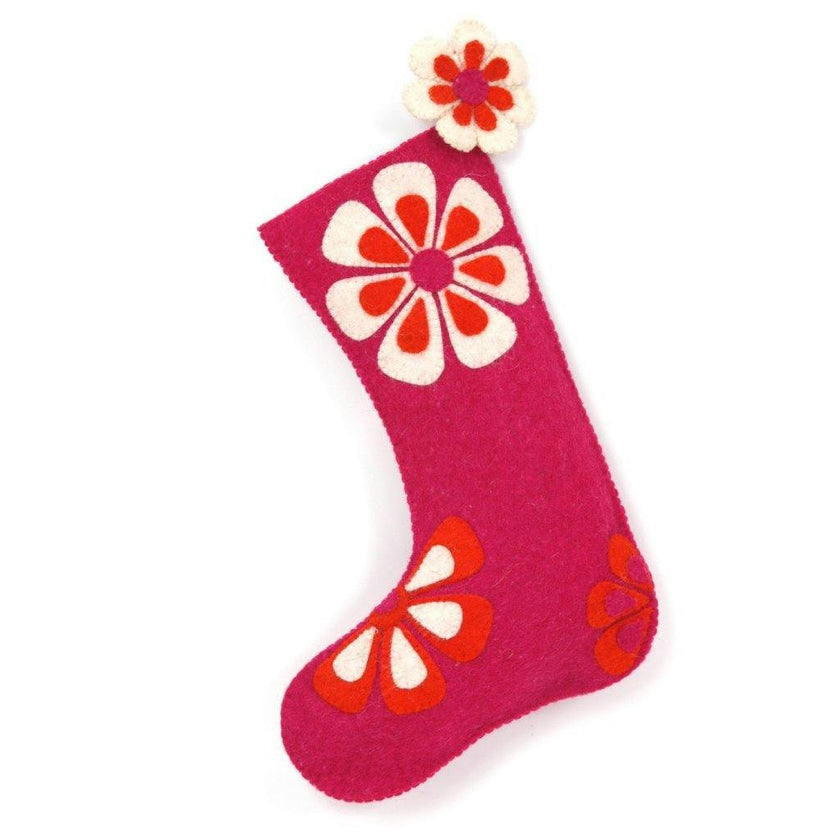 Hand Felted Wool Christmas Stocking - Flower Power Pink and Orange
