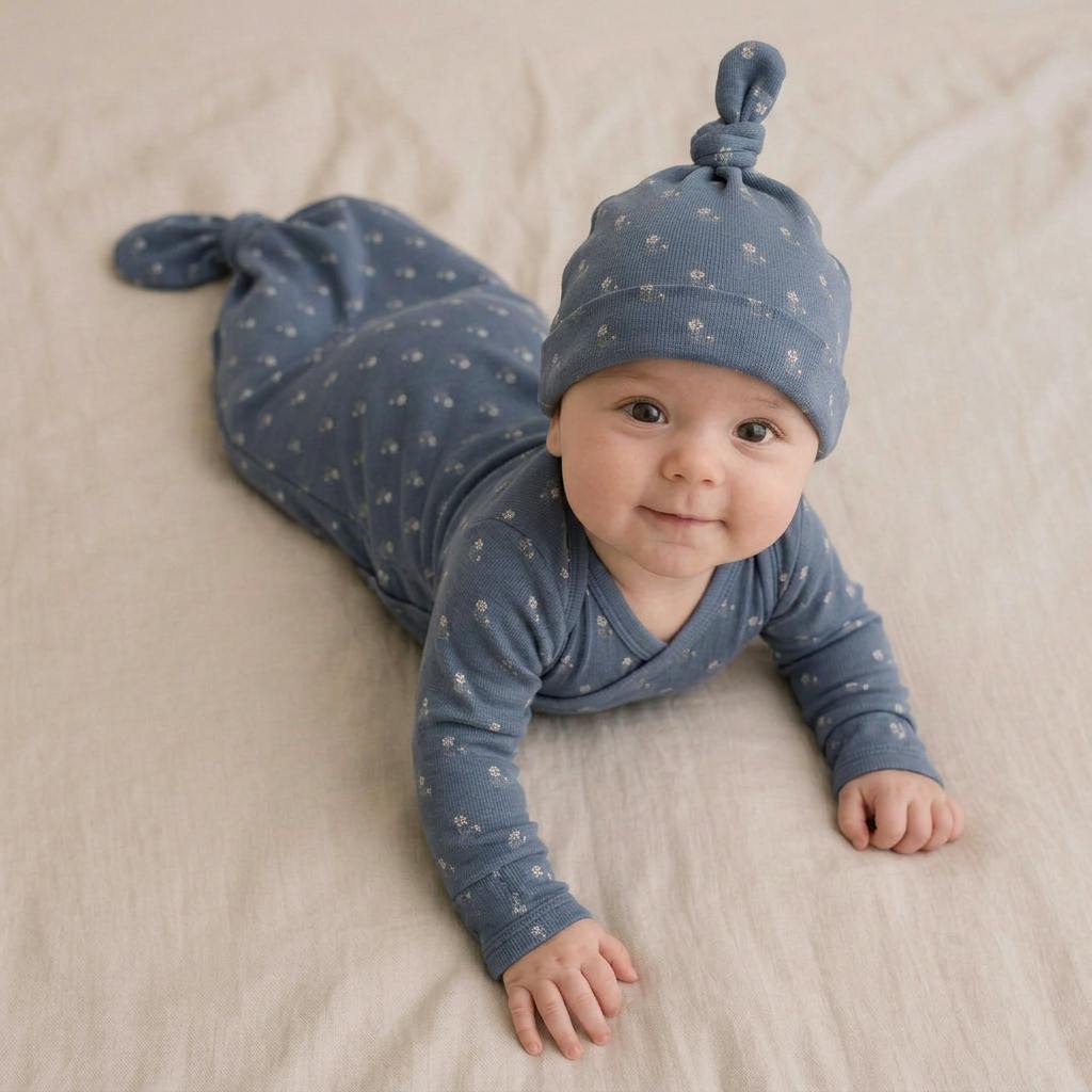 Organic Knotted Baby Gown - Indigo Blossom