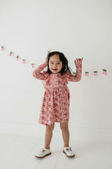Girls Long Sleeve Ruffle Dress in Cherry Hearts