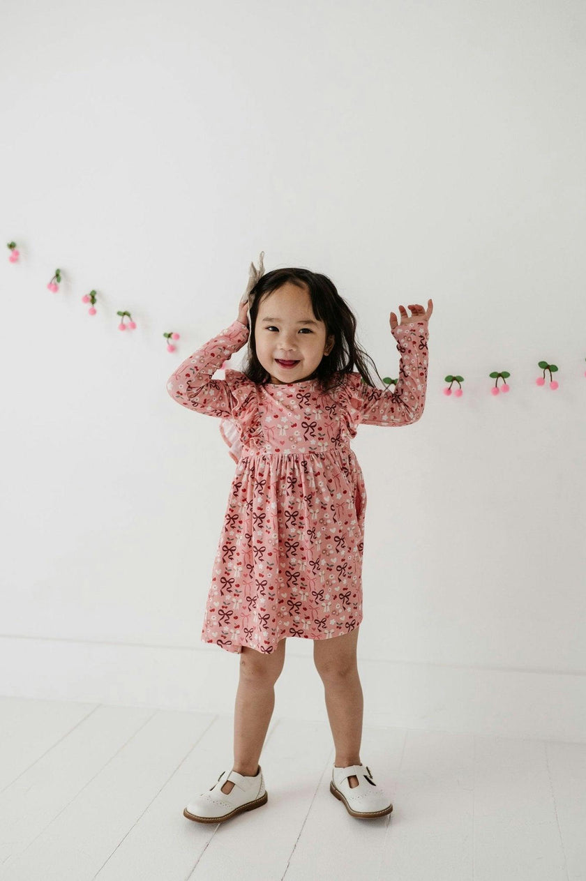 Girls Long Sleeve Ruffle Dress in Cherry Hearts