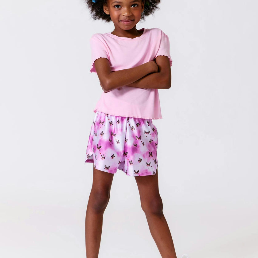 Girls Short Sleeve Lettuce Edge Tee in Baby Pink