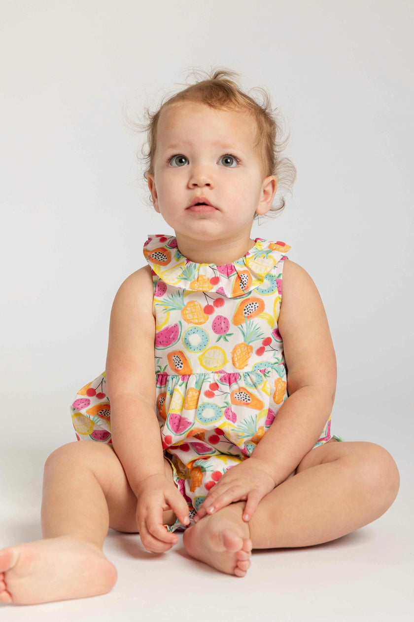 Fruit Print Romper with Neck Ruffle