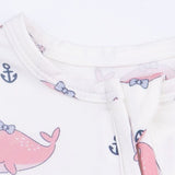 Bubbly Whale with Bow  Pink - 2 Way Ruffle Back Zipper Footie