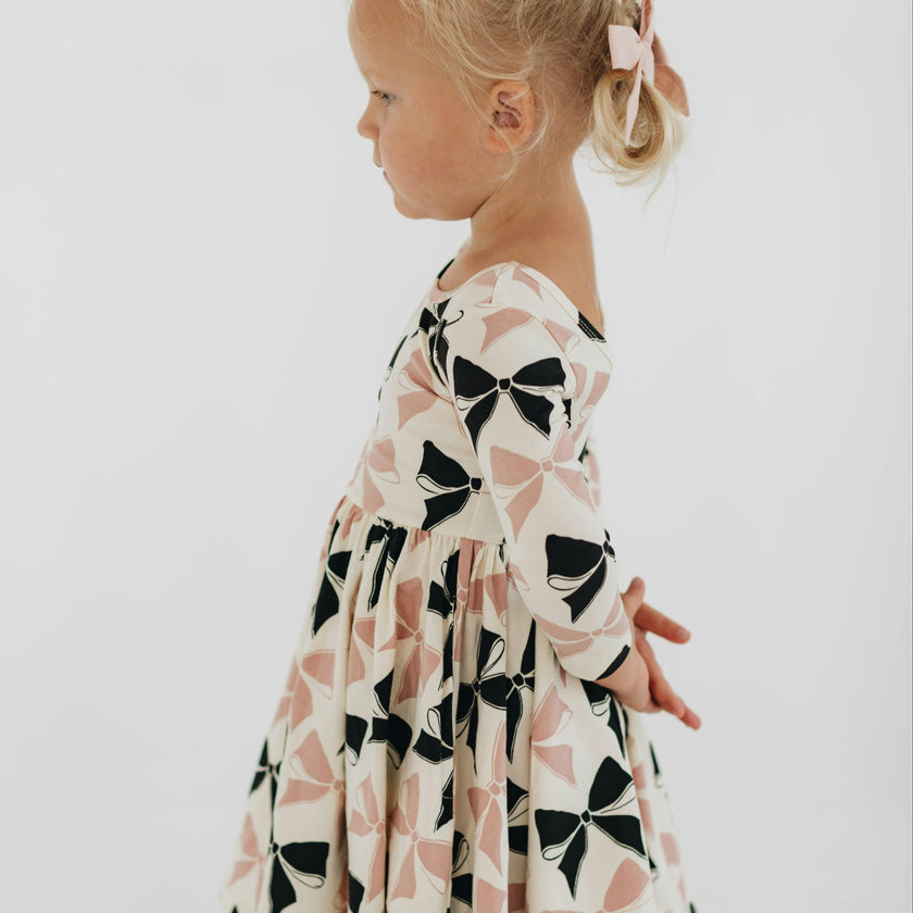 3/4 Sleeve Twirl Dress in Vintage Pink and Black Bows