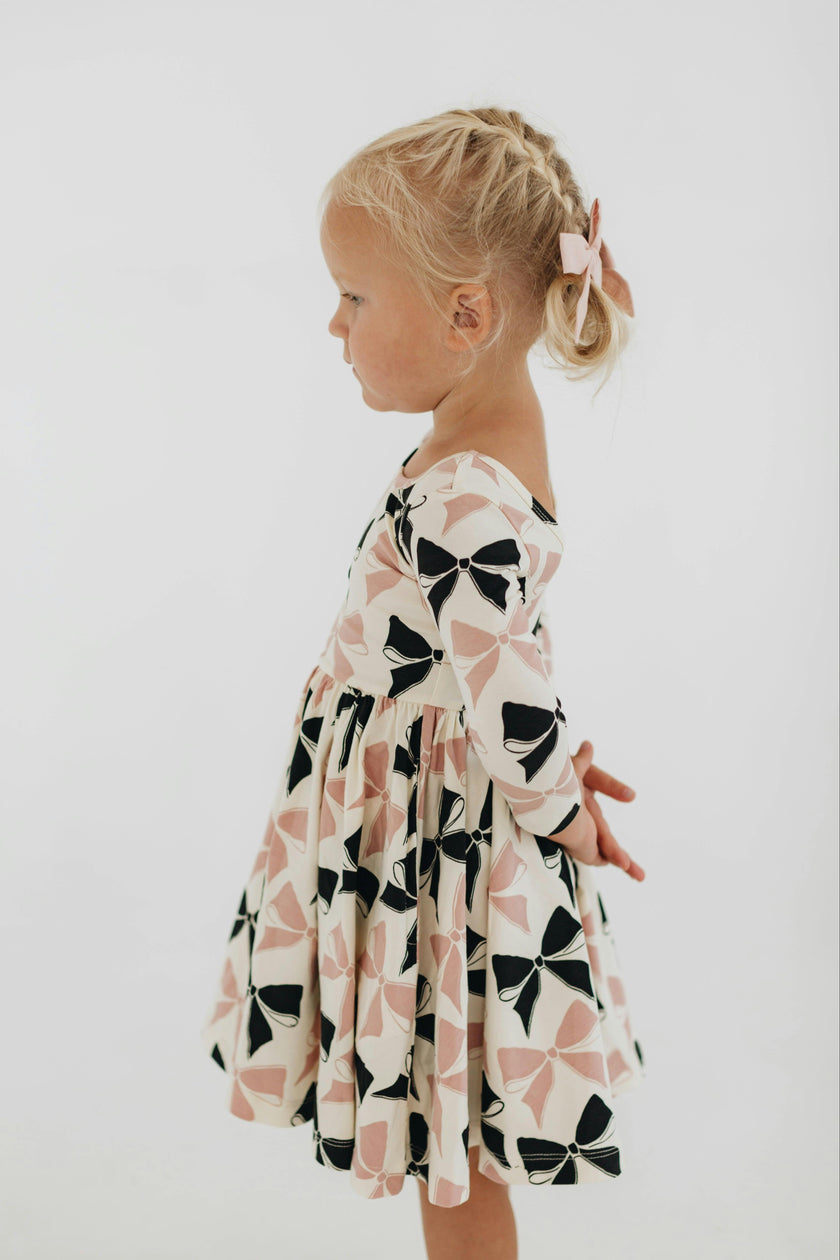 3/4 Sleeve Twirl Dress in Vintage Pink and Black Bows