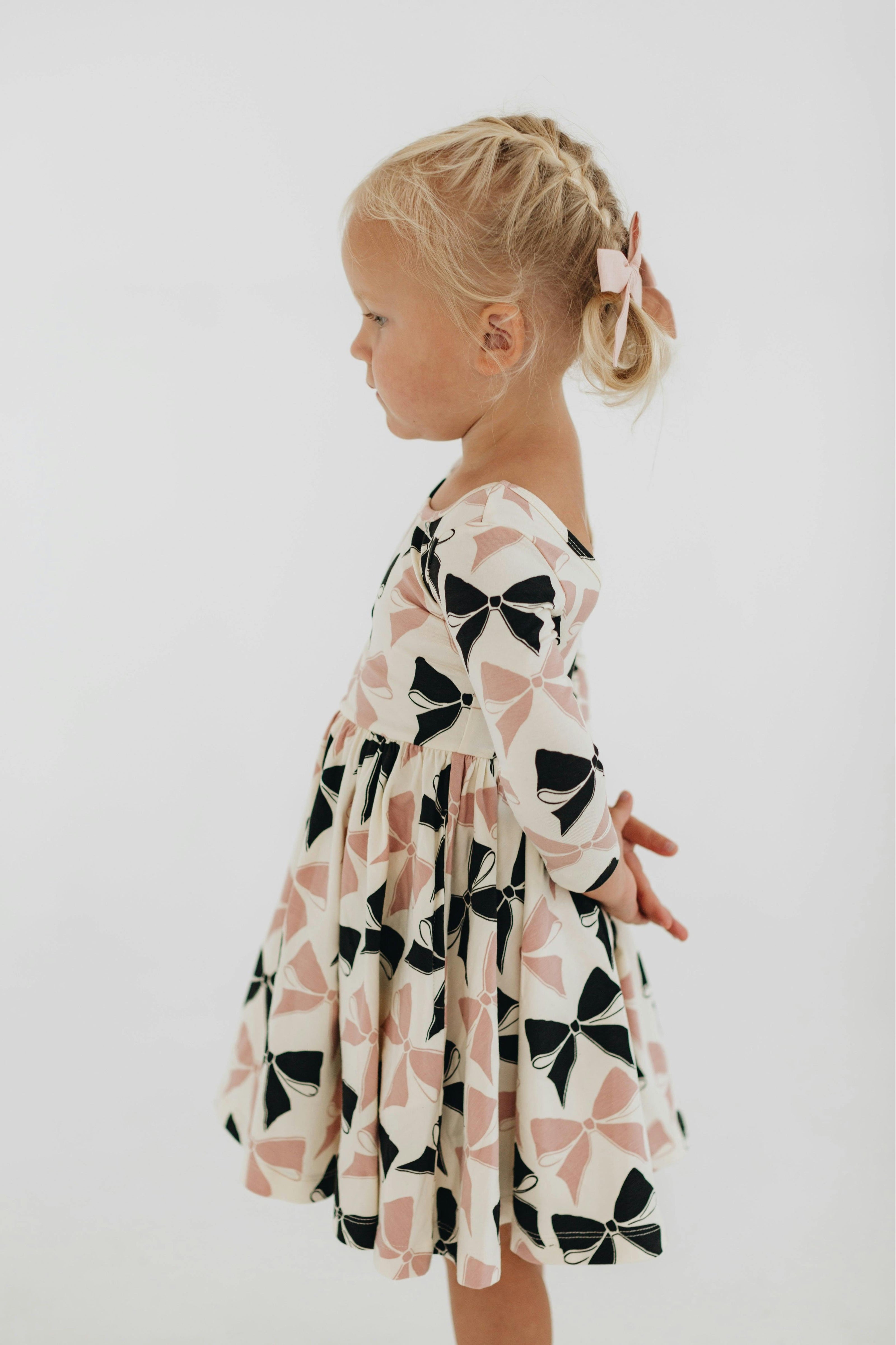 3/4 Sleeve Twirl Dress in Vintage Pink and Black Bows