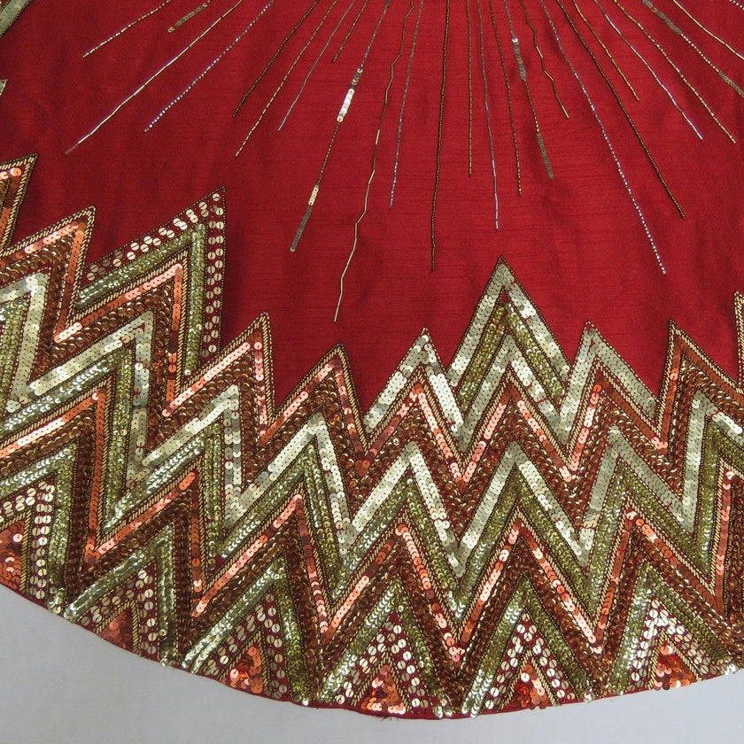 Handmade Christmas Tree Skirt - Hand Beaded Metallic Starburst on Garnet Red- 60"