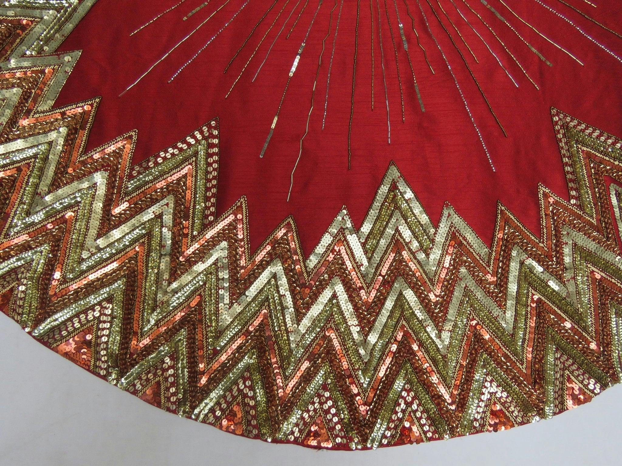 Handmade Christmas Tree Skirt - Hand Beaded Metallic Starburst on Garnet Red- 60