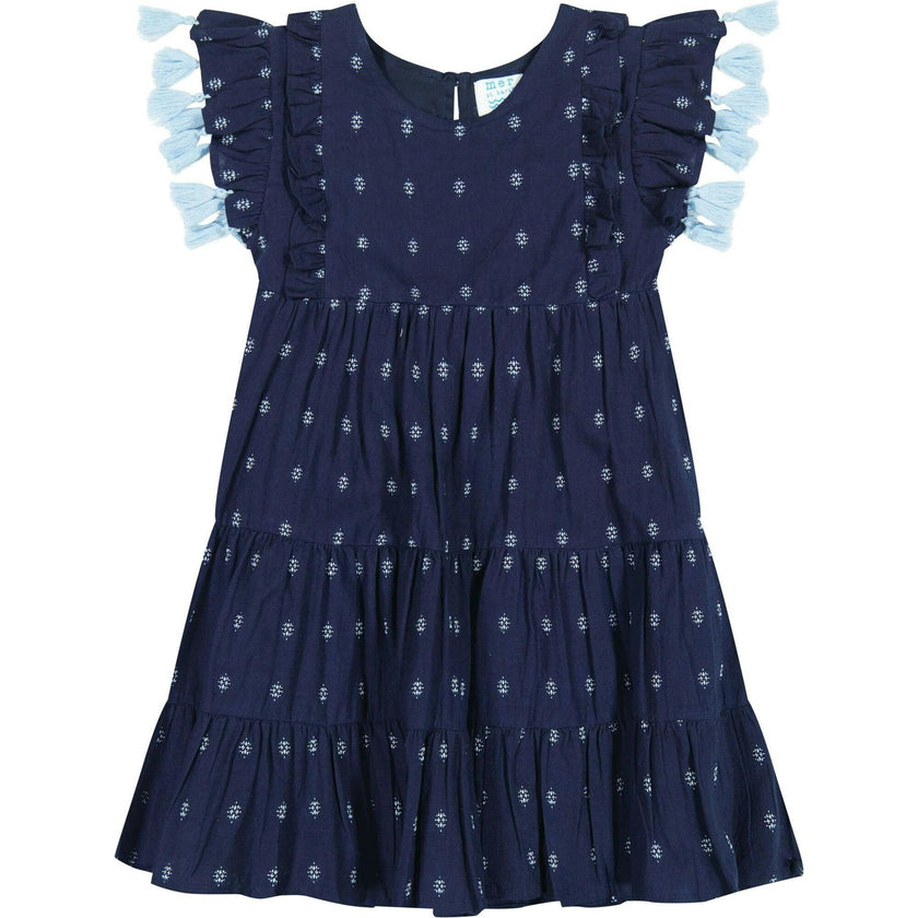 Sophie Girl's Tassel Dress Navy Turquoise Swiss Dot, Blue